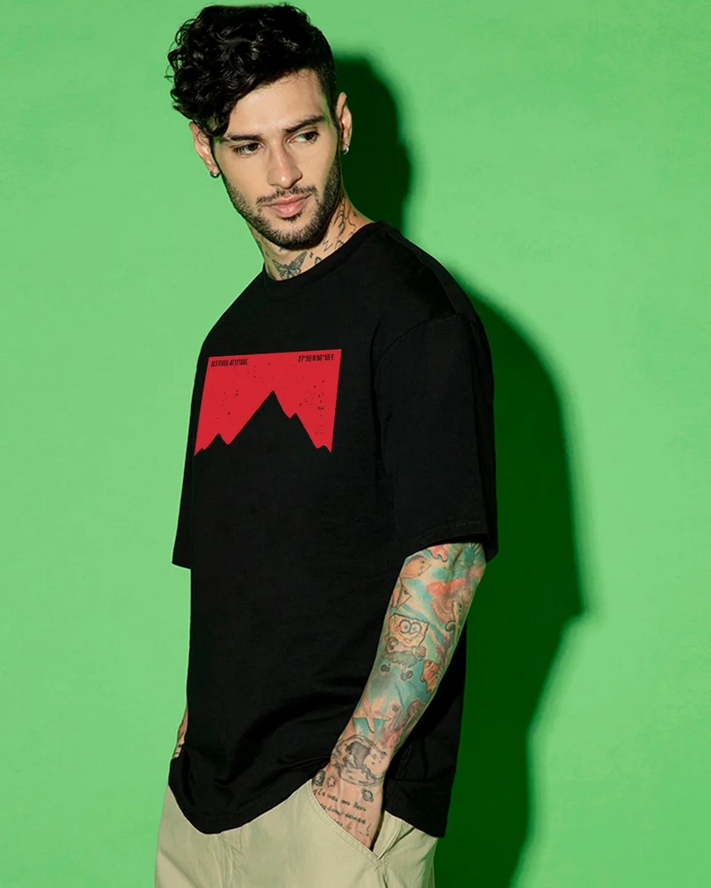 bewakoof Men's Jet Black Altitude Graphic Printed Oversized T-shirt